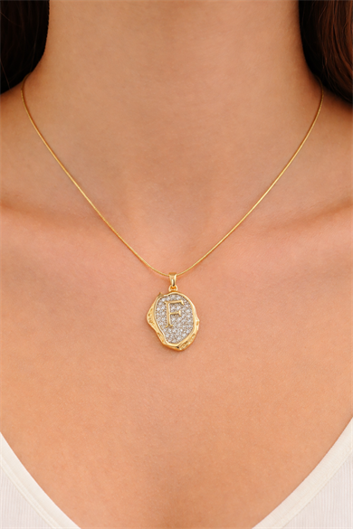 Altın Renk  F Harf Taş Detaylı Çelik Kolye