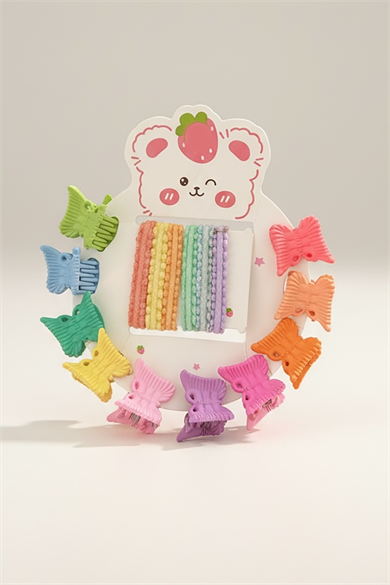 Karışık Renk Kelebek Figürlü Lastik Toka Ve Yan Toka Set