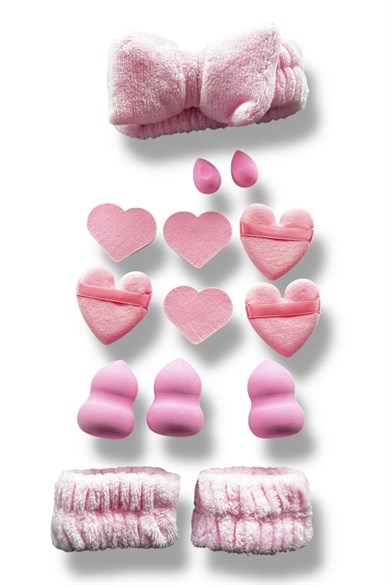 Pembe Renk Kurdele Figürlü Havlu Saç Bandı/ Makyaj Süngeri/ Pudra Süngeri/ Su Emici Havlu Bileklik Set