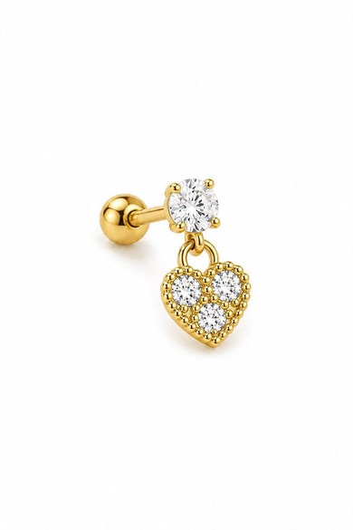 Altın Renk Kalp Figürlü  Taşlı Cerrahi Çelik Tragus/Kıkırdak Küpe/Piercing (Tek)