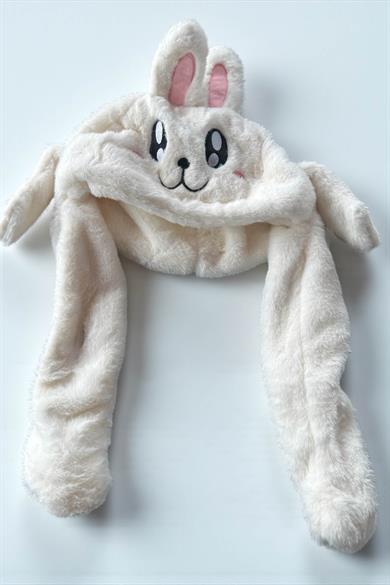 Beyaz Renk Tavşan Figürlü Kulakları Oynayan Peluş Şapka