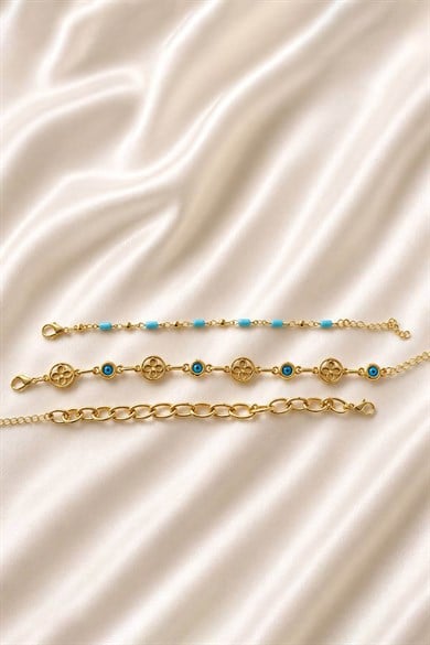 Altın Renk  Zincir Detaylı 3lü Bileklik Set