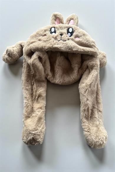 Kahverengi Tavşan Figürlü Kulakları Oynayan Peluş Şapka