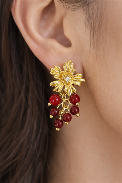 Altın Renk Çiçek Figürlü Sallantılı Küpe (Çift)