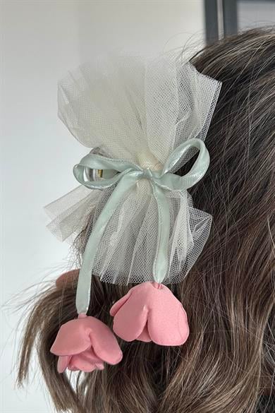 Krem Renk Lale Figürlü Tül Detaylı Mandal Toka