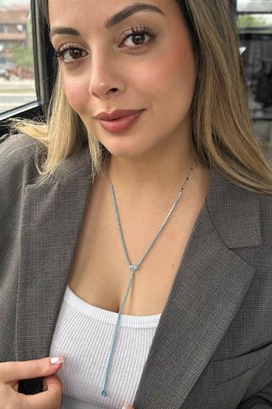 Gümüş Renk Göz Figürlü 14K Altın Kaplama VİP Y Kolye