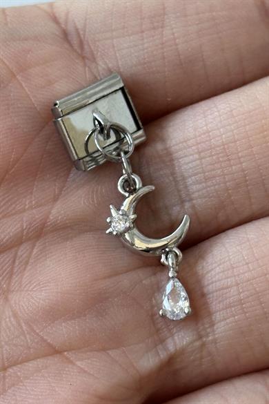 Gümüş Renk Ay Ve Taş Detaylı Çelik Nomination Charm (Tek)