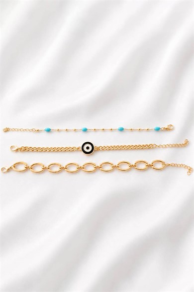Altın  Renk  Zincir Detaylı 3lü Bileklik Set
