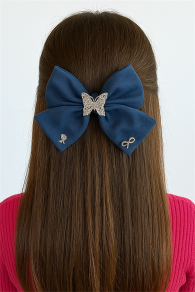 Lacivert Renk Kelebek Figürlü Kurdele Otomat Toka