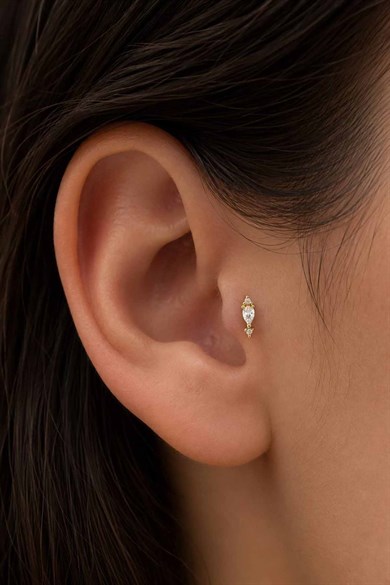 Altın Renk Taşlı Cerrahi Çelik Tragus/Kıkırdak Küpe/Piercing (Tek)