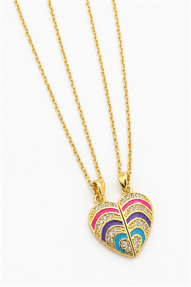 Altın Renk Kalp Figürlü Mıknatıslı Çelik Best Friend Kolye