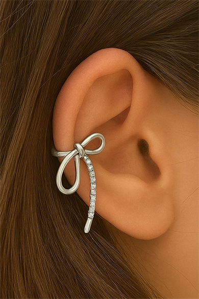 Gümüş Renk Kurdele Figürlü Taş Detaylı 14K Altın Kaplama TX Ear Cuff (Tek)
