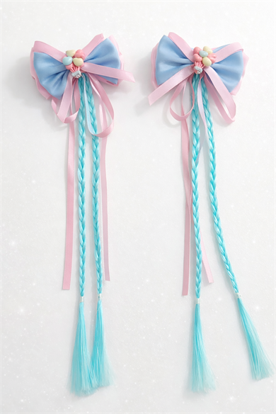 Mavi Ve Pembe Renk Kalp Figürlü Örgü Detaylı 2li Yan Toka