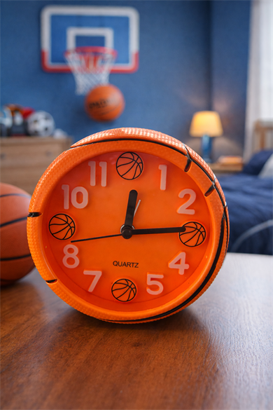 Turuncu Renk Basketbol Topu Figürlü Mini Dekoratif Alarmlı Yuvarlak Masa Saati