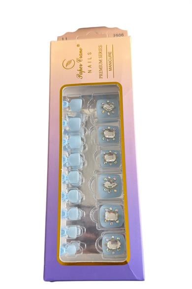 24 Adet Mavi Renk Taş Detaylı Ayak Takma Tırnak (Yapıştırıcılı)