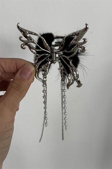 Gümüş Renk Tüy Ve İnci Detaylı Kelebek Figürlü Sallantılı Metal Mandal Toka