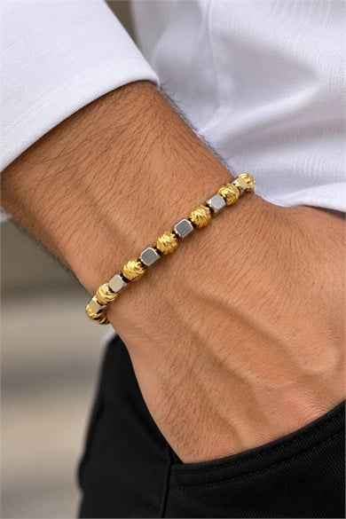 Altın Ve Gümüş Renk Top Detaylı Unisex Çelik Bileklik 