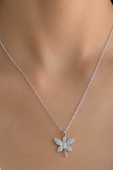 Gümüş Renk Yusufçuk Figürlü Taş  Detaylı Çelik Kolye