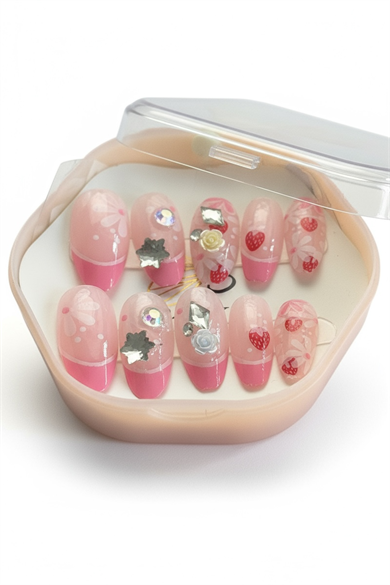 12li Pembe Renk Çilek Figürlü Taş Detaylı Takma Tırnak Set (Yapıştırıcılı)