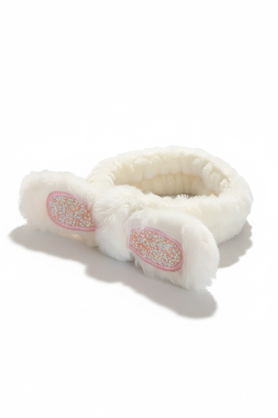 Beyaz Renk Kulak Detaylı Peluş Saç Bandı