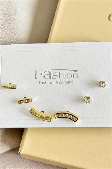 6lı Altın Renk Taş Detaylı Küpe Set