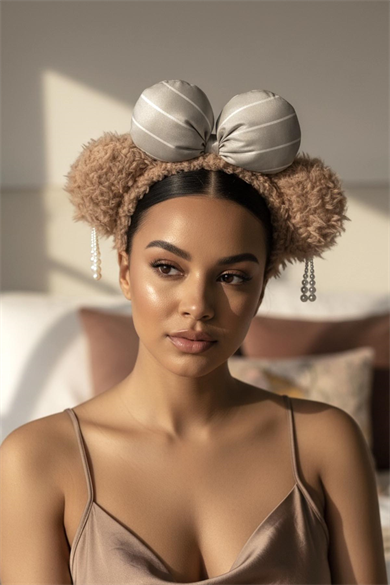 Kahverengi Kurdele Detaylı İnci Sallantılı Peluş Taç