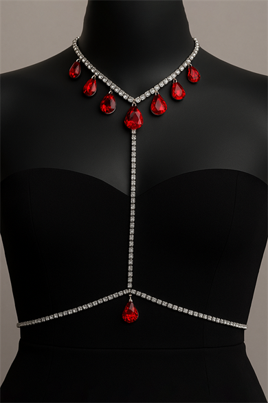 Gümüş Renk Kırmızı Taş Detaylı Tasarım Vücut Aksesuar