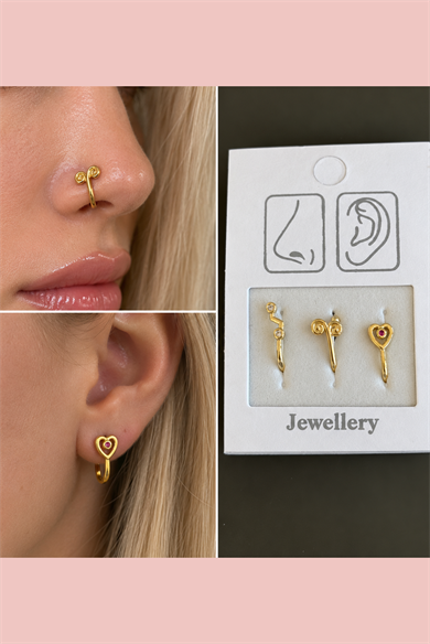 Altın Renk Karışık Figürlü Deliksiz Kulak/Burun 3lü Piercing Set