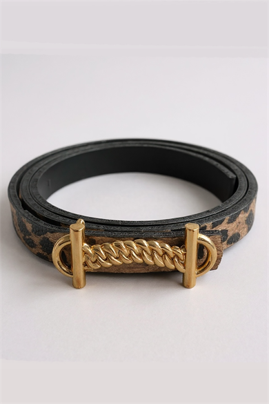 Altın Renk Leopar Desenli Kadın Deri Kemer