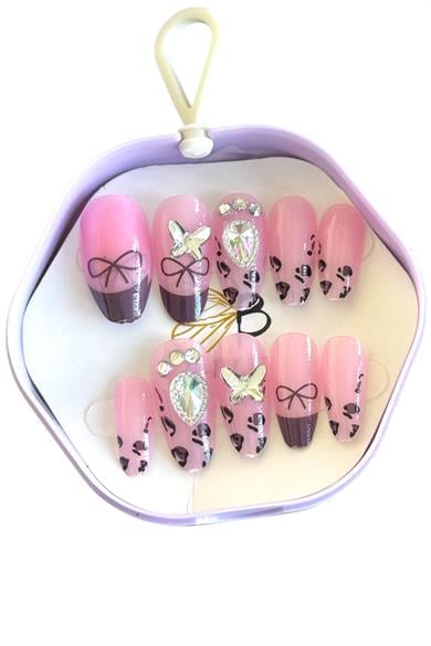 10lu Pembe Renk Taş Detaylı Takma Tırnak Set (Yapıştırıcılı)