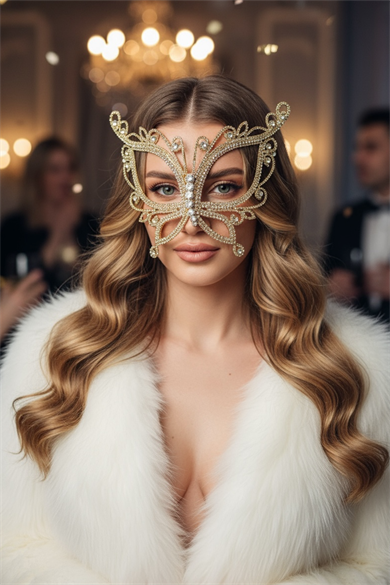 Altın Renk Kelebek Figürlü Taşlı Parti Maskesi 