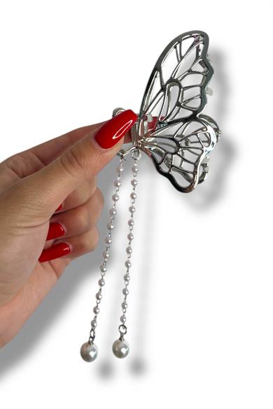 Gümüş Renk Kelebek Figürlü İnci Detaylı Metal Mandal Toka
