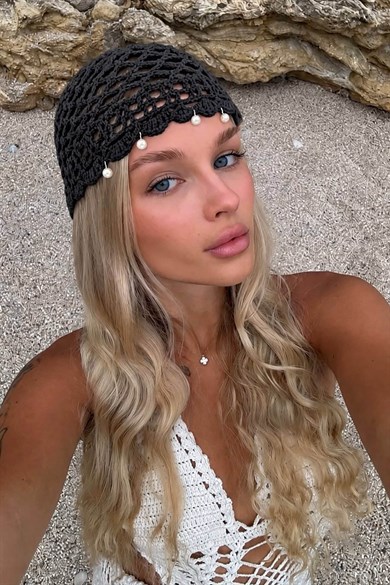 Siyah Renk İnci Detaylı Örgü Saç Bandana