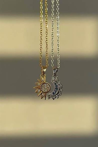 Altın Ve Gümüş Renk Ay Ve Güneş Figürlü İkili Çelik Çift/ Best Friend Kolyesi