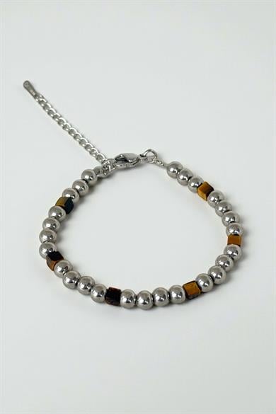 Gümüş Renk Boncuk Detaylı Çelik Erkek Bileklik