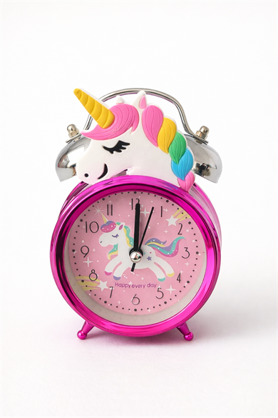 Pembe Renk Unicorn Figürlü Mini Dekoratif Işıklı Alarmlı Yuvarlak Masa Saati