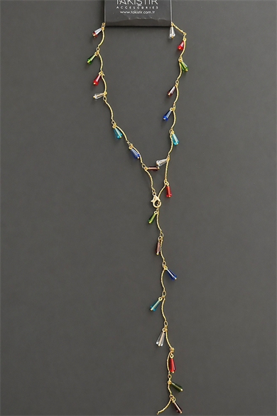 Altın Renk Taş Detaylı Çelik Y Kolye