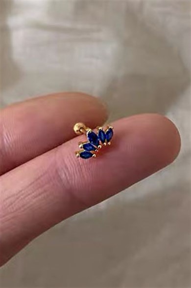 Altın Renk Lacivert Taşlı Cerrahi Çelik Tragus/Kıkırdak Küpe/Piercing (Tek)