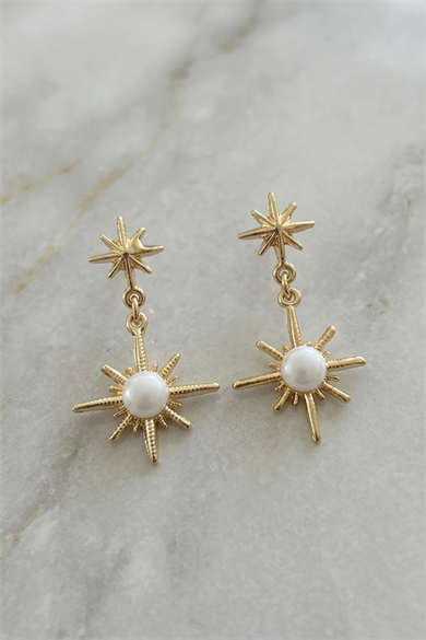 Altın Renk Beyaz Taş Detaylı Yıldız Figürlü Küpe (Çift)