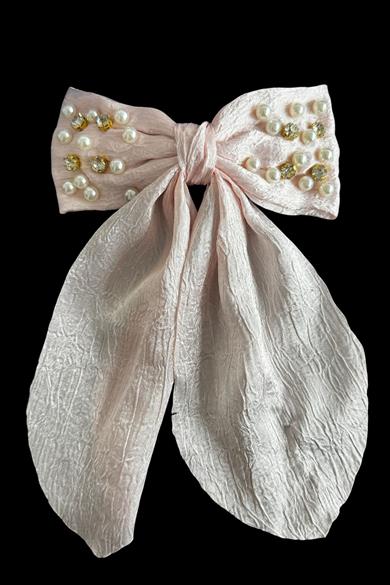 Pembe Renk Kurdele Figürlü İnci Ve Taş Detaylı Otomat Toka