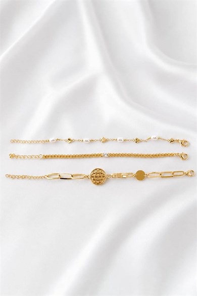 Altın  Renk  Zincir Detaylı 3lü Bileklik Set