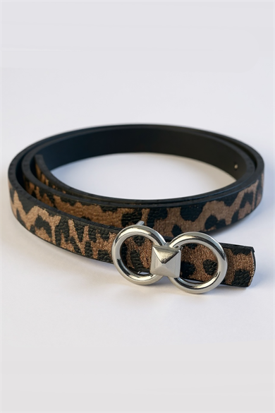 Gümüş Renk Leopar Desenli Kadın Deri Kemer