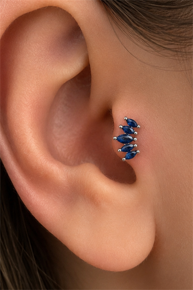 Gümüş Renk Lacivert Taşlı Cerrahi Çelik Tragus/Kıkırdak Küpe/Piercing (Tek)