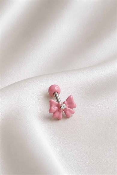 Pembe Renk Kurdele Figürlü Taşlı Cerrahi Çelik Tragus/Kıkırdak Küpe/Piercing (Tek)