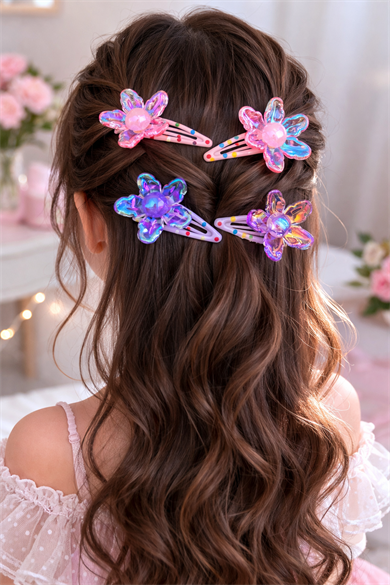 4lü Pembe Ve Mor Renk Çiçek Figürlü Yan Toka 