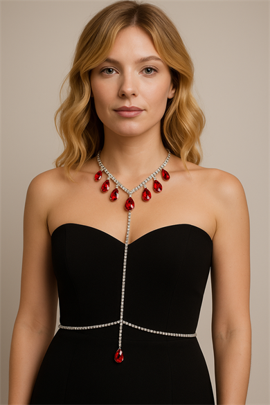 Gümüş Renk Kırmızı Taş Detaylı Tasarım Vücut Aksesuar