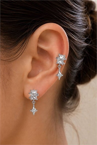 2li Gümüş Renk Taş Detaylı Tx Tragus/Kıkırdak Küpe/Piercing 