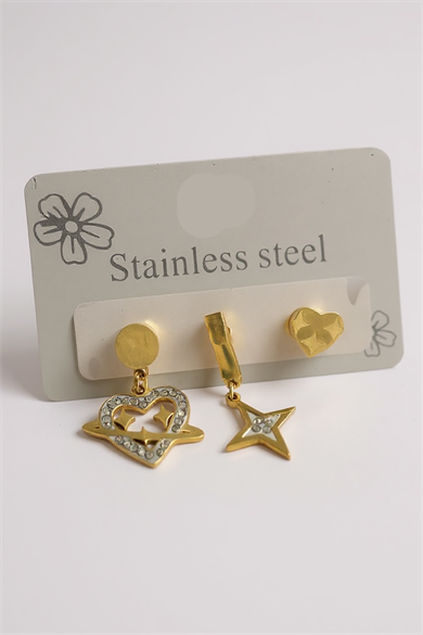 3lü Altın Renk Karışık Figürlü Çelik Küpe Set