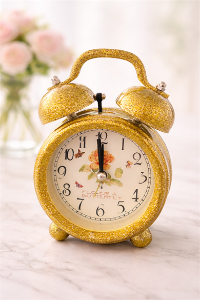 Sarı Renk Simli Mini Dekoratif Işıklı Alarmlı Yuvarlak Masa Saati