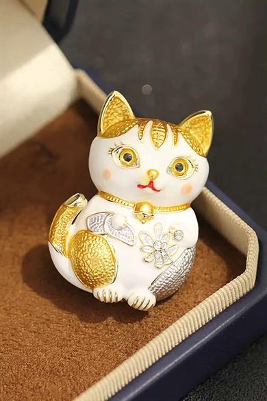 Karışık Renk Kedi Figürlü Taşlı Broş  